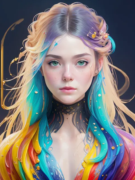 Colorful beautiful girl: a giru 28-years old, messy hair, oil painting, nice perfect face with soft skinice perfect face, blue yellow colors, light purple and violet additions, light red additions, intricate detail, splash screen, 8k resolution, masterpiec...