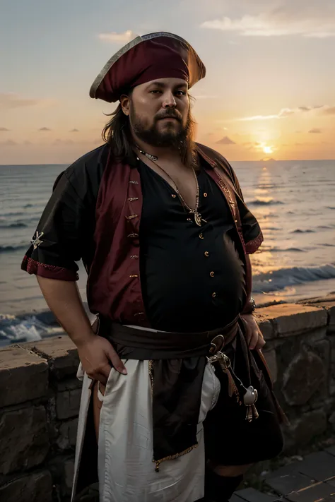 a fat pirate in a fancy pirate outfit and two other pirates silhouettes behind him with a sea background with a beautiful sunset