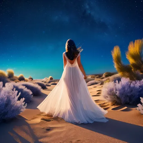 Girl in a transparent flowing dress, walks away across the glowing radioactive sand, magic bushes, precious shells, night starry sky, Milky Way, moon