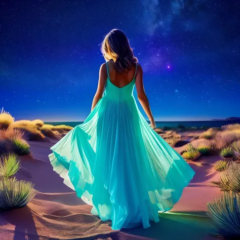 Girl in a transparent flowing dress, walks away across the glowing radioactive sand, magic bushes, precious shells, night starry sky, Milky Way, moon