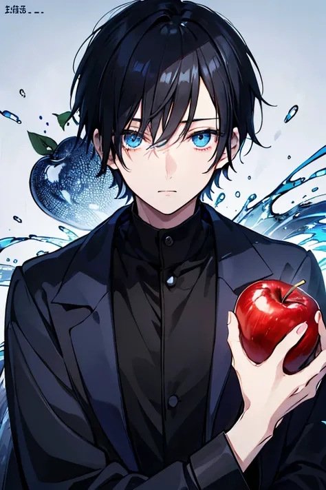 male　black hair　blue eyes　very short hair　one person　coat　slacks　sweater 　apple　appleたくさん　cool　masterpiece　Highest image quality　noise removal　clear parts 　cinematic shadow　Increased attractiveness of the eyes　clear parts the shine of the eyes　Draw eyelash...