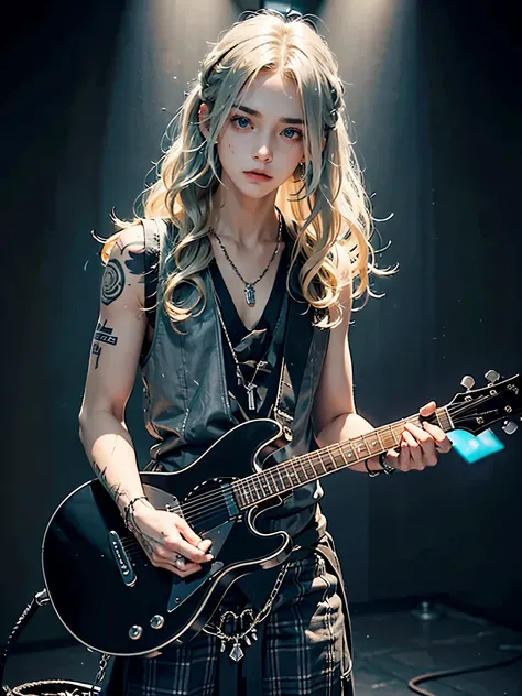 Pretty blonde boy，curls，long hair，Neutral in appearance，Standing in a dark rehearsal room，carrying guitar，Wear a black vest，There are a lot of tattoos on the arms，gloomy expression，masterpiece，best quality，gray kilt，rock，Hair a little messy，individual，Silv...