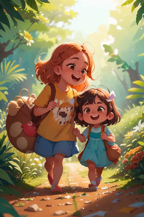 2 meninas, amigas, uma de cabelos castanhos encaracolados, e a outra de cabelos loiros curtos, sorrindo, com roupas de aventureiras, andando pelo caminho na floresta, rodeadas por  animais, flores lindas, borboletas coloridas, qualidade perfeita, foco clar...