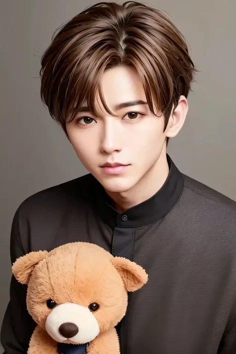 1 person、high quality，masterpiece，8K,、(brown hair)、hug a stuffed animal、black shirt、 (shot from above)、(head shot)、 、