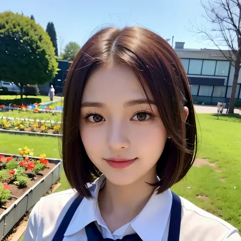 Girl, short brown hair, brown eyes, nice features, white skin, young woman, formal school uniform, in school garden