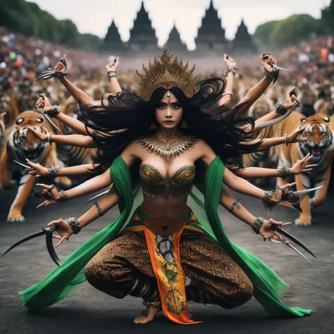 ground level view, long-angle shot, focal blur, black hair, indonesian woman performing dynamic style action, 8 hands, wearing traditional Durga Mahisasuramardini clothing, highlighter green short shawl, Durga Mahisasuramardini crown, Roro jonggrang arm de...