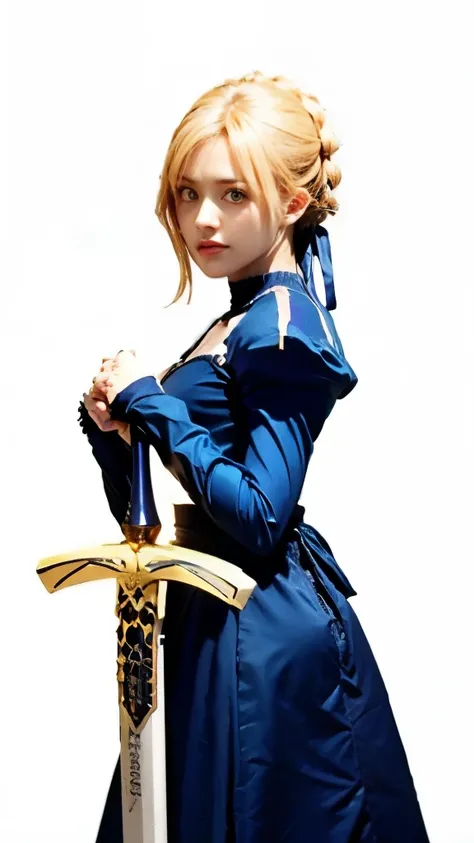 a woman in a blue dress holding a sword and a sword, artoria pendragon, final fantasy tactics character, holding a sword on her shoulder, anime style like fate/stay night, fate / stay night, she is holding a sword, fate stay night, rapier, inspired by Li C...