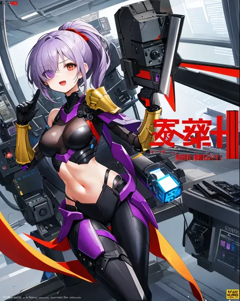 ,1girl,(:1.5), (short_ponytail:1.3), (light_whitish_purple_hair:1.3),black_mechanical_armor_parts,white_breasts_parts_red_black_body_suit,bare_shoulder,bare_slender_thighs,medium_breasts,on_the_desk, desk_background,Stinging_eyes,sleepy,thighhigh_greaves,g...