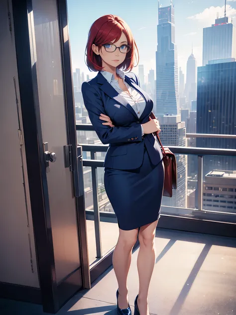 1girl, medium breasts, bare legs, shoes, shoes, city backdrop, solo, single, standing, full body shot, cowboy shot, beautiful detailed eyes, blue eyes, mature lady, glasses, office lady, blue suit, blue pencil skirt, miniskirt, red hair, bob hair