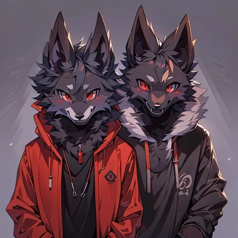 他们装扮成两只hairy动物, hairy, black Wolf, simple background, delicate eyes, super detailed, Delicate fur texture, CG, bust, sweatshirts, red pupils, tentacle