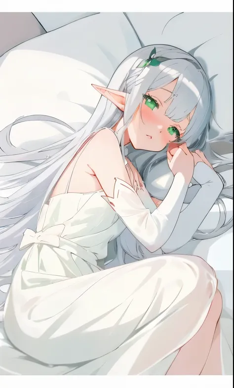 Silver hair lying on the bed，Anime girl in white dress, elf girl, soft anime illustration, She has elf ears and green eyes, Ethereal animation, Clean and detailed anime art, by Shitao, Anime visual of a cute girl, elf girl wearing an flower suit, beautiful...