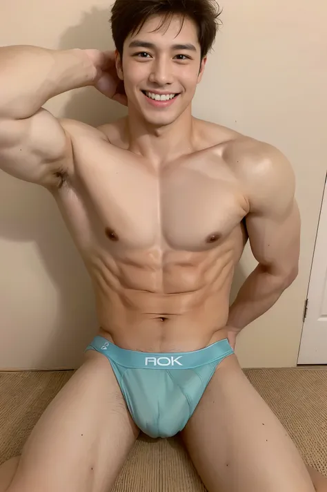 ( (8K:1.27), best qualtiy, tmasterpiece, 超高分辨率:1.2) Asian man photo, young male，Perfect face，perfect bodies，sharp focus, detailed face, detailed eyes, Leaky abs, smile, underwear, bulge, cum dripping, sexy pose, 