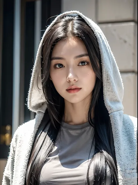 a woman wearing a gray t-shirt，long black hair，black eyes，very pretty face，wearing white coat