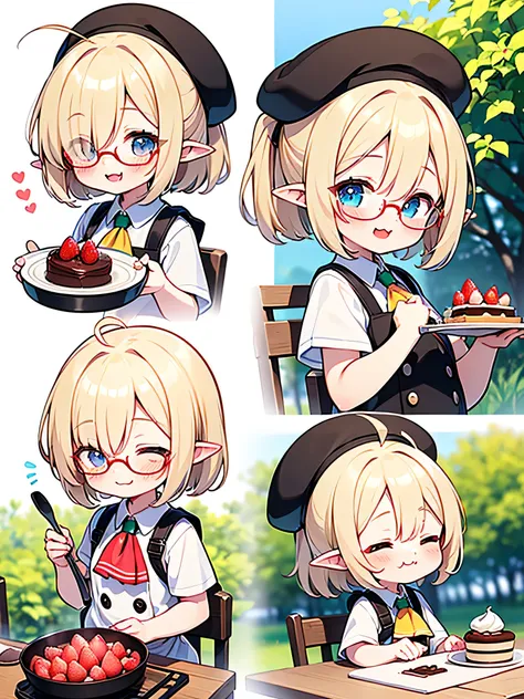 ultra detailed, best quality, high resolution, 8k, beautiful, pale skin, , perfect face, (chibi:1.5)), ((solo)), (glossy blonde hair and), (very short hair), blue eyes, (ahoge:1.3), ((glasses and no glasses)), ((pointy ears)), (blush:1.4), ((upper body)), ...