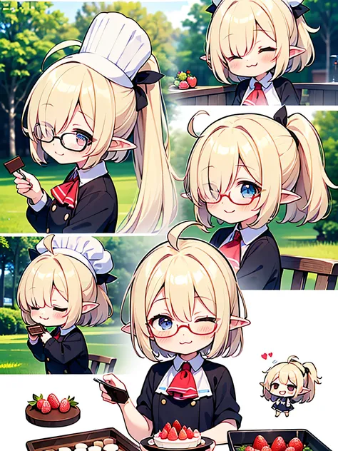 ultra detailed, best quality, high resolution, 8k, beautiful, pale skin, , perfect face, (chibi:1.5)), ((solo)), (glossy blonde hair and), (very short hair), blue eyes, (ahoge:1.3), ((glasses and no glasses)), ((pointy ears)), (blush:1.4), ((upper body)), ...