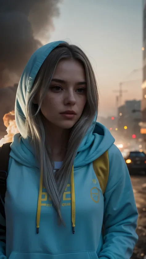 closeup portrait of Caucasian woman with long light blue hair, wearing yellow hoodie, dystopian street background, (smoke), detailed, cinematic composition, intricate details, highly detailed, fire, at night