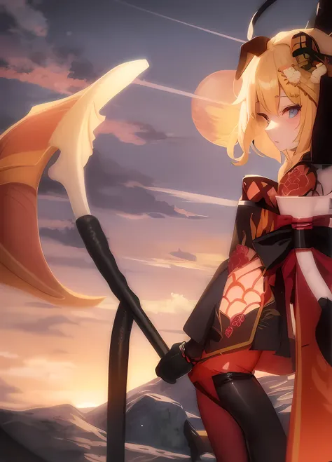 blonde anime girl in a kimono outfit with a scyther and a dragon tatoo, have cute brown dog ears and tail, looking off into the sunset, ((sunset)), hanayamata, small curvy , realistic anime 3 d style, anime moe artstyle, vrchat, , anime style. 8k, stylized...