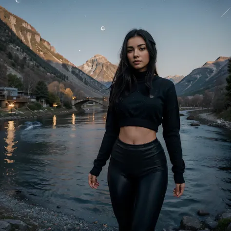 Best quality, Photo, girl,20 years, Black hair, sports figure, model appearance, dark night (moon, stars,) The light comes from the left, Full Length, nature (River,mountains,) Mini sweater, skinny leggings, landscape, Textured leather, light makeup, epic ...