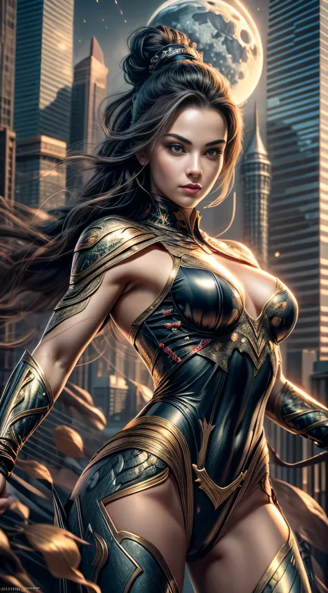 (((Masterpiece))), Ultra high quality, super detailed, 8K highly detailed digital art, afared superhero woman in skin tight bodysuit, super sexy girl with small breasts , extremely muscular woman standing on a rooftop of a busy city, ((rooftop), ((city sky...