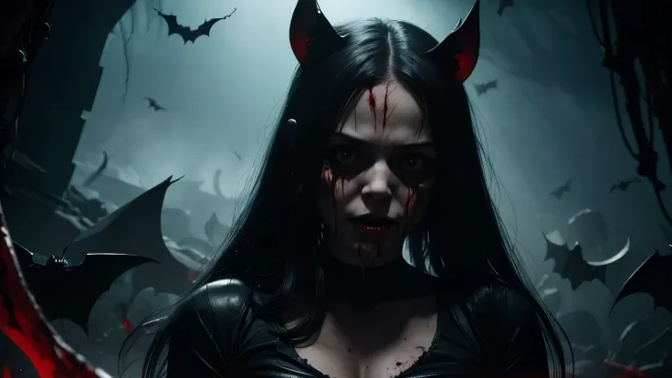 A creepy, dark, terrifying place, with bats, a bat woman, with a face and mouth full of blood appears on camera, horror film, strong scenes, dead people, spirits, death, 8k, dark cave, lots of flying bats, mouth full of blood, bat woman, entire upper part ...