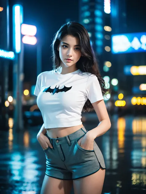 Beautiful woman with wavy hair, delicate and charming eyes, thigh notch, sexy long legs, Batman logo on the chest T-shirt in small shorts, beautiful futuristic cyberpunk + city, mist, damp, rain, best quality masterpiece, realistic, detailed, 8k, HDR, shal...