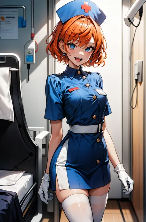 1 girl, alone, nurse, nurse cap, Whiteware, ((white legwear, zettai ryouiki)), white gloves, very short hair, orange hair, smile, open your mouth, Are standing, ((hospital room)), sharp outline, short sleeve, Tomboy, boyish, highest quality, masterpiece