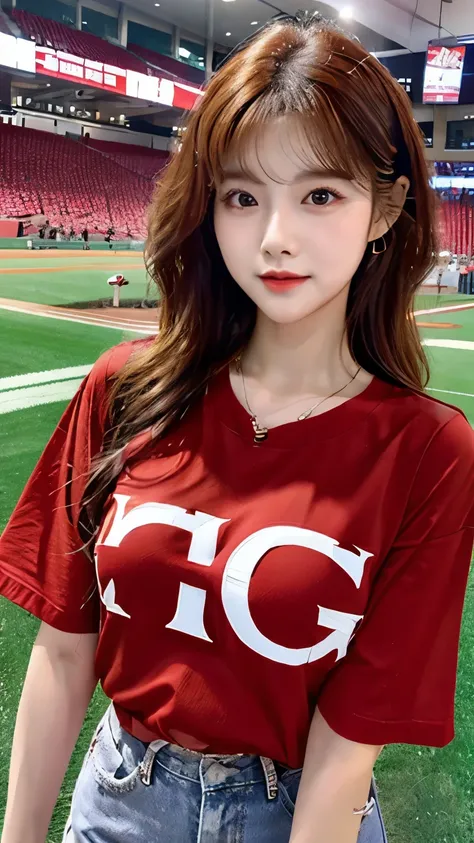 UHD, cute Korean female,Chest size 32 inches, red wavy, wearing big baseball shirt, standing in the baseball ground