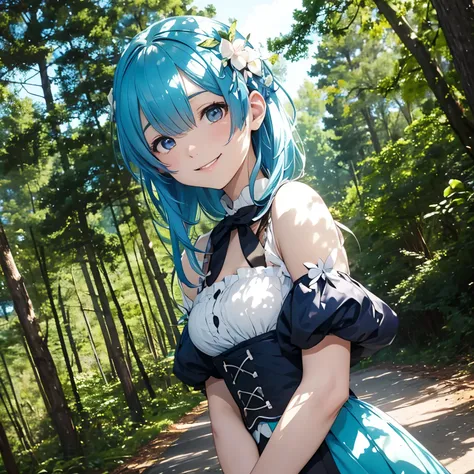 Rem, against the backdrop of a sunny forest,
re zero, smiling