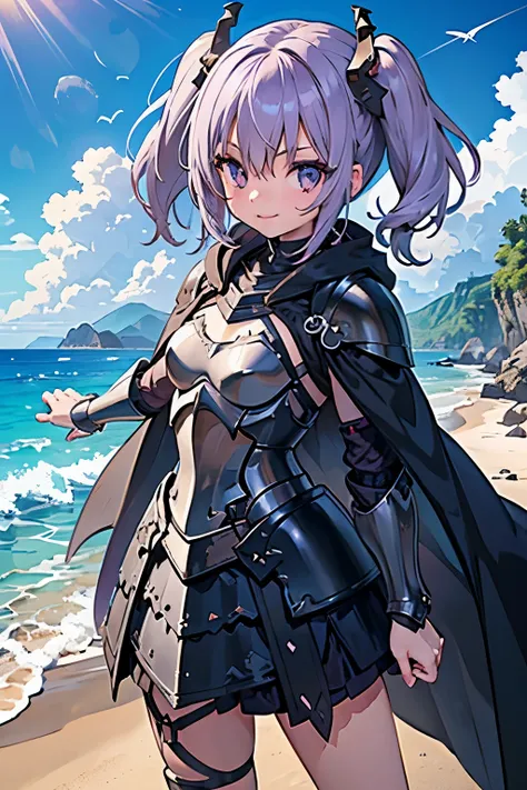 masterpiece, sandy beach, middle ages, sunlight, 1 girl, gray eyes, purple hair, smile＋happy, twintails, short hair, ((dark black knight armor)), longsword, cute eyes, small breasts,　fighting pose, black cloak
