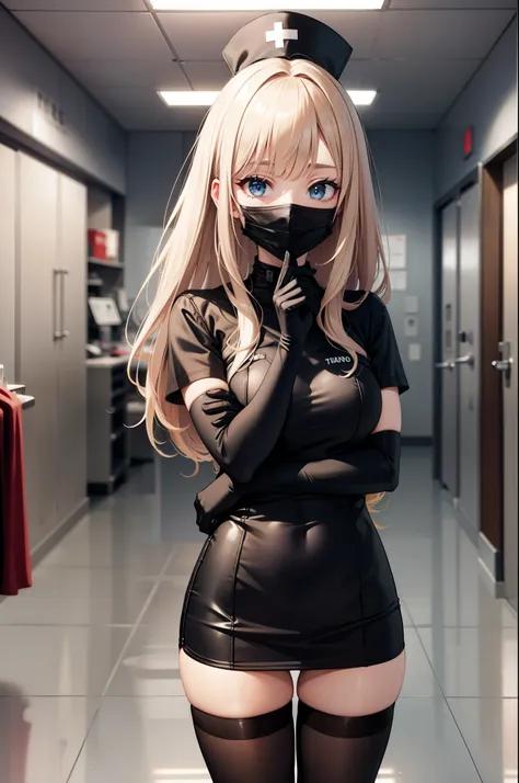 black nurse, 1woman, solo, black nurse cap, black wear, ((black legwear, zettai ryouiki)), black elbow gloves, blonde hair, blue eyes, ((black surgical mask, covered nose)), standing, ((surgery room)), sharp outline, short sleeves, mature female, 35 years ...