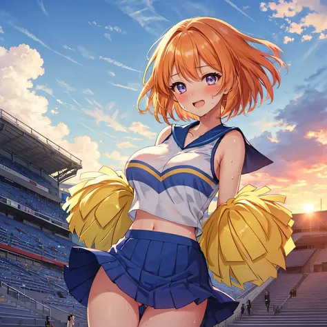 {{{one girl with seven heads}}}, beautiful detailed girl, game CG, short bob hair, pastel orange hair, purple eyes, alone, Breast augmentation, medium shoot, woman, big breasts, Cheerleader, {{{{{green detailed Cheerleader uniform}}}}}, beautiful and detai...