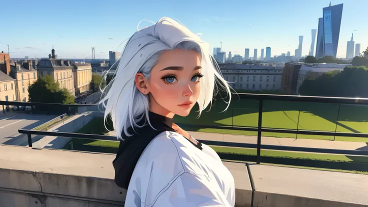 Parcours, The Arch, Une belle fille avec, HD Portrait, (High quality) (ultra details) Regarder le spectateur en tenue de ville de style hip-hop; different, colourfull, very white hair