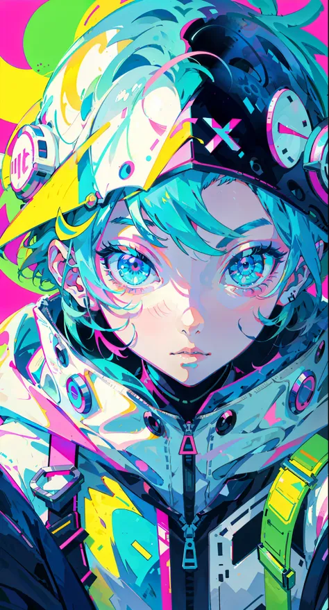 anime girl, wearing astronaut suit, neon pink and blue colors, scars, stickers, neon style of whole shot