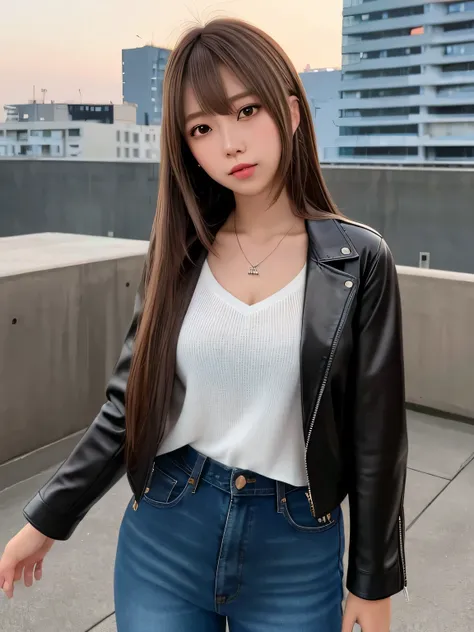 mastepiece, 1 girl per 1 photo, cowboy shot, front view, a Japanese young pretty girl, standing alone at a roof of building at midnight, night view of a background, a necklace, glamorous figure, wearing a black leather riding jacket, wearing a denim pants,...