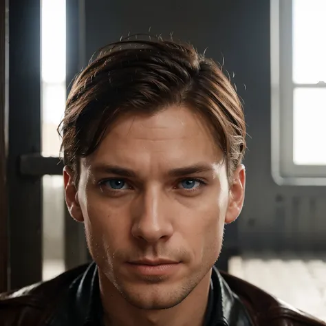 Please create me a male character with blue eyes, who looks similar to Tom Shelby from Peaky Blinders, allerdings etwas mehr deutsch und circa 28 Jahre alt, in Berlin vor dem Berghain ?