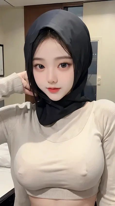 Jisoo-Blackpink, physically-based rendering, 2girl, Female hijab model korean age 20, (W Cup breast), (huge fake breasts:1.1), (in bedroom), happy, smiling, sexy muscular body, slim waist, big buttocks, expose abs, (Full body:1.3), (((smooth and clean)) lo...