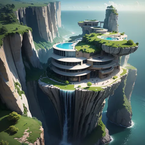 Large cliff house with modern futuristic design，There are artificial waterfalls and pools in the middle, Nature meets architecture, Built around the blue ocean, Realistic honeycomb architecture, organic architecture, Very close to real nature, stunning ren...