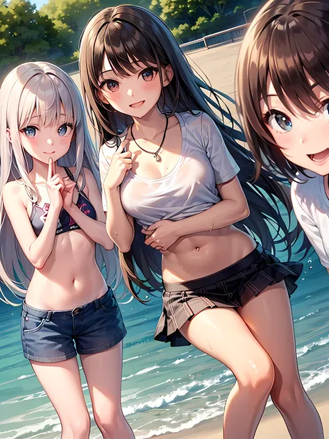 ((highest quality)), ((masterpiece)), (pretty girl), (3 girls:1.3), cute three girls are posing for a camera outdoors in the wat...