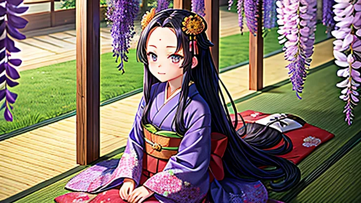 amount、kimono、Heian period、long hair、12 people、wisteria flowers、Japan、tatami