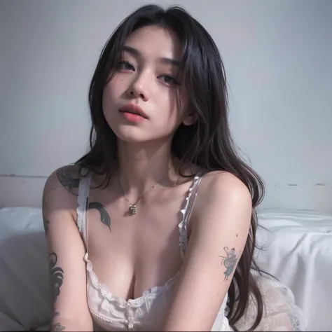 there is a woman with tattoos on her arms sitting on a bed, a young asian woman, asian girl, an asian woman, young asian girl, asian features, xision wu, asian women, of taiwanese girl with tattoos, beautiful asian girl, asian woman, young asian woman, 2 4...