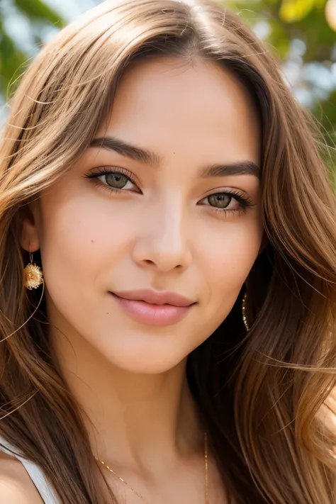 A stunning 26-year-old mestiza woman possesses a face that harmoniously blends diverse features. Her almond-shaped eyes, with a captivating hazel-green hue, reflect a soulful depth. A slender, refined nose and high, rosy cheekbones add elegance, complement...