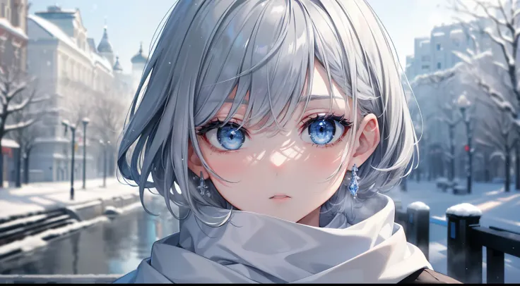 (masterpiece, highest quality, ultra high resolution, Gorgeous),1 boy,casual clothes,Scarf、at the park,whiteい髪, light blue eyes,beautiful and detailed face, detailed eye,((gray color,white& Based on blue, winter, Russia))