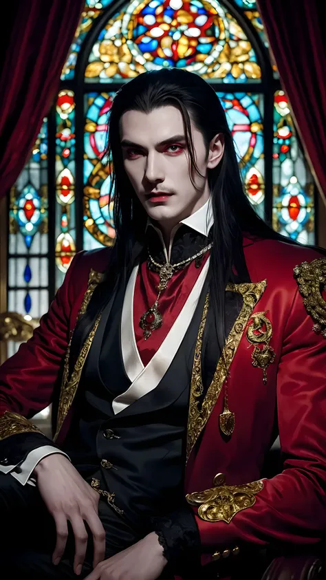 masterpiece, highest quality, perfect face, high detail, hot gorgeous vampire man vlad tepes(dracula), with long soft black hair...