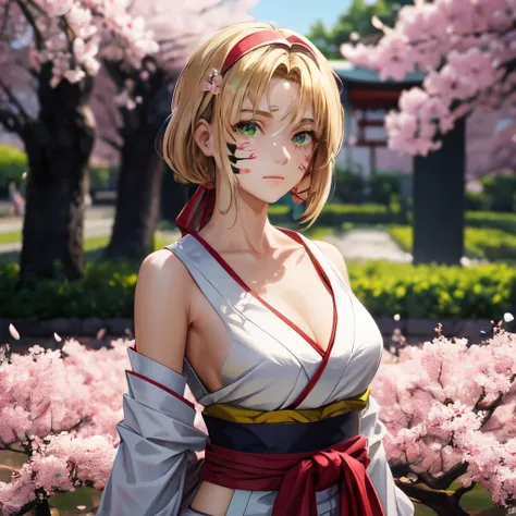 (masterpiece), 1girl named Sakura4_Rise with wistful expression, adorned in traditional Japanese attire, featuring bangs covering one eye and a facial mark, green eyes peeking out from beneath them, parted bangs framing her face, wearing a pink sash tied a...