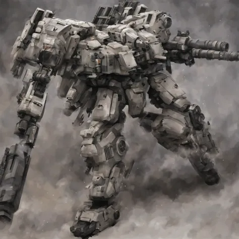 Are standing, armored core style, missile pod, machine gun, Huge cannon, very detailed, battlefield, fire, cigarette, explosion,