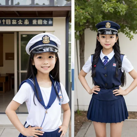 realistic pictures、Highest品質、ultra high resolution、Professional specifications、 ((((Elementary school girl standing with hands on hips))))、library、Japanese school sailor suit、very short skirt、((police officer hat))、((look at the camera))、short sleeve、belly...