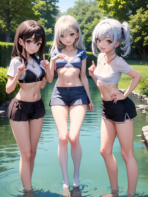 ((highest quality)), ((masterpiece)), (cute baby girl), (3 girls:1.3), cute three girls are posing for a camera outdoors in the ...