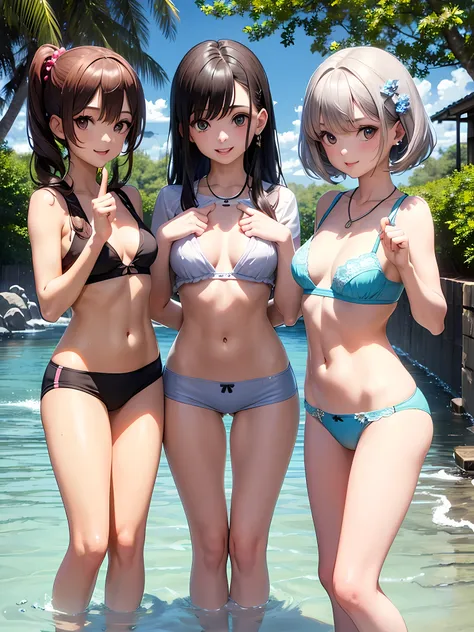 ((highest quality)), ((masterpiece)), (cute baby girl), (3 girls:1.3), cute three girls are posing for a camera outdoors in the ...