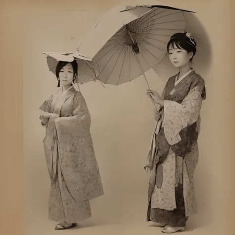 A woman holding a higasa parasol drawn over a kakejiku rolled scroll --stylize 500