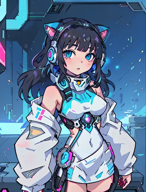 1 girl, black hair, (blue eyes), wearing futuristic clothes、anime girl wearing cat ears and headphones, cute robot girl, digital...